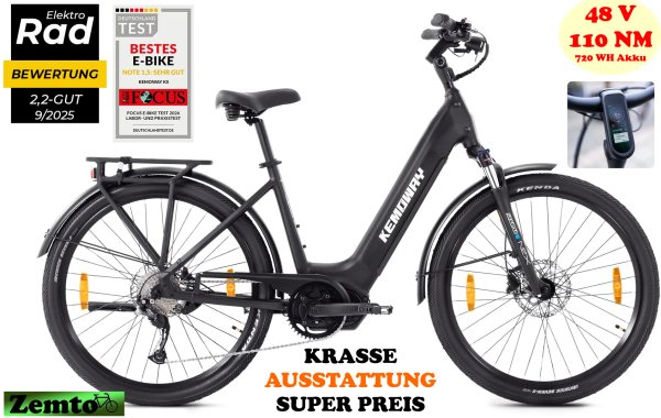 Testsieger, Damen E-Bike Kemoway City K5, 110NM, 720WH, schwarz